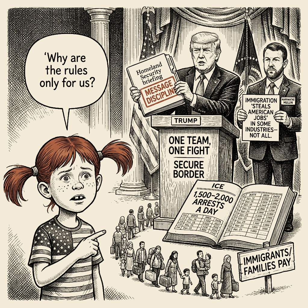 Political meme cartoon by Mimi Wright-Fubar: One Team, One Approved Sentence