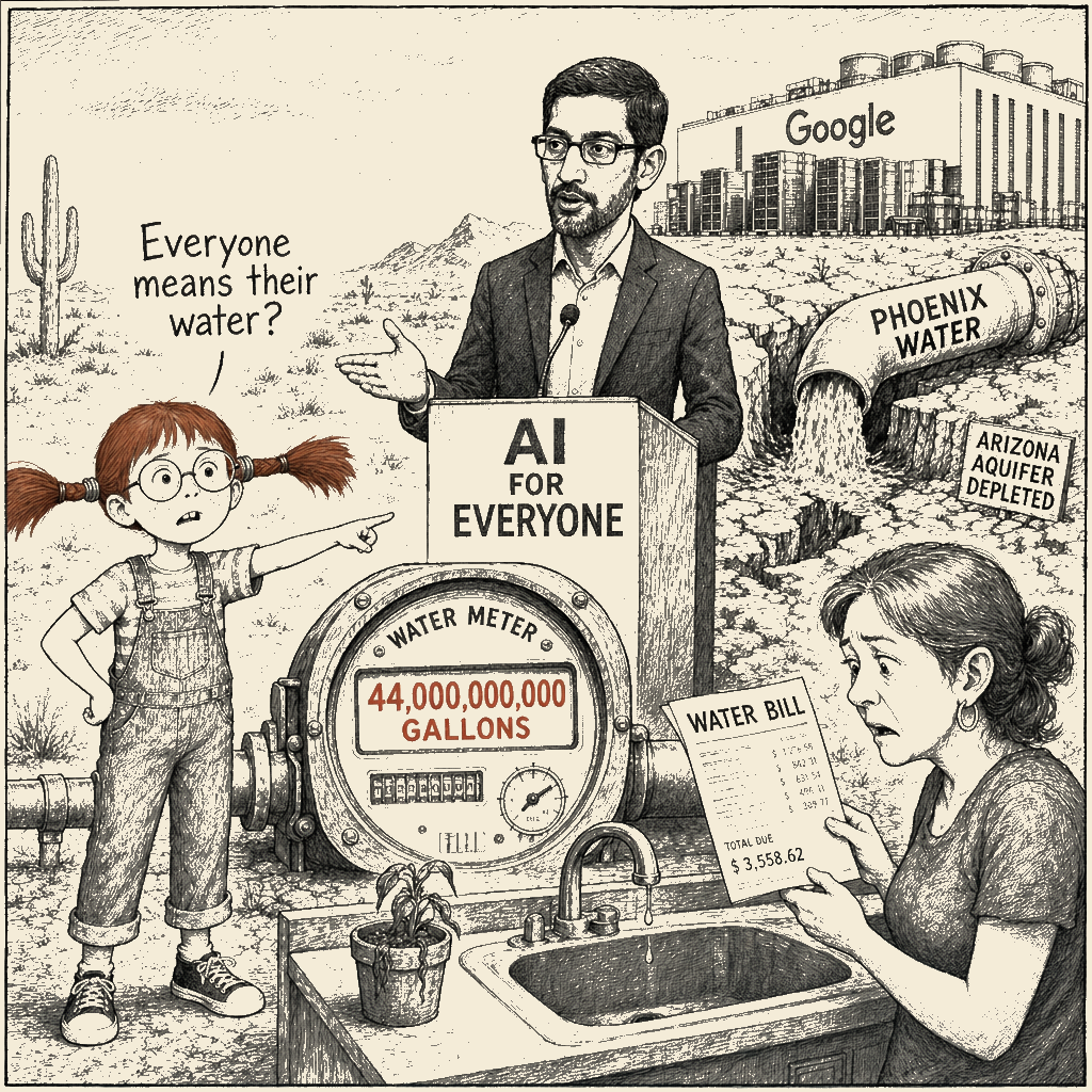 Political meme cartoon by Mimi Wright-Fubar: The Future Runs On Phoenix's Bill