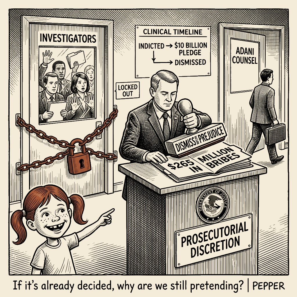 Political meme cartoon by Mimi Wright-Fubar: Prosecutorial Discretion
