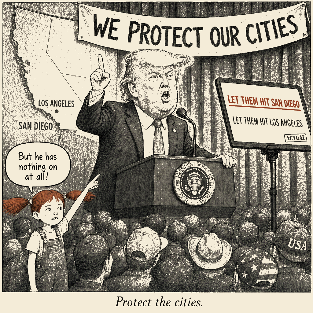 Political meme cartoon by Mimi Wright-Fubar: Protect the cities.