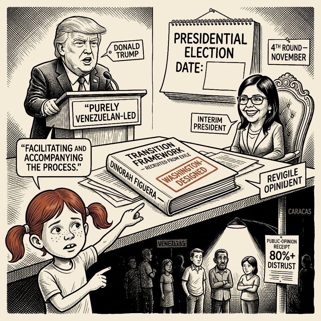 Political meme cartoon by Mimi Wright-Fubar: ‘Purely Venezuelan-led’ has a Washington blueprint