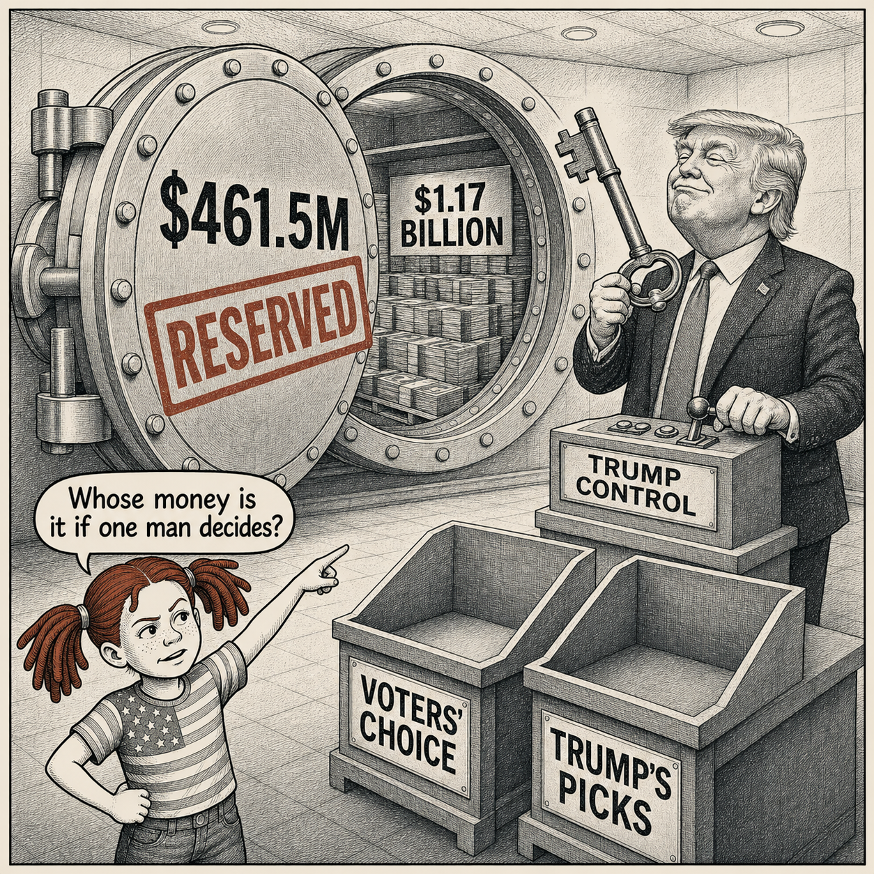 Political meme cartoon by Mimi Wright-Fubar: Reserved for the owner