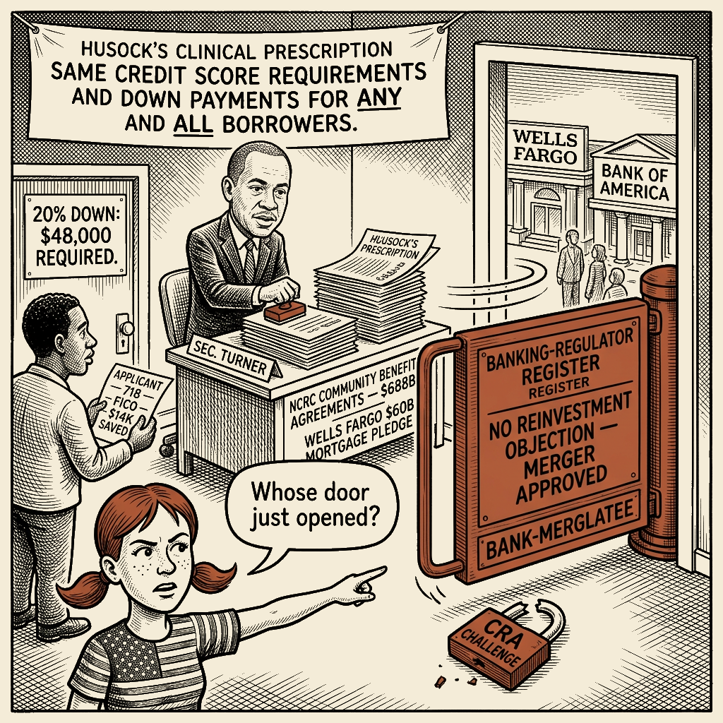 Political meme cartoon by Mimi Wright-Fubar: Same Standards, Same Exclusion, Cheaper Mergers