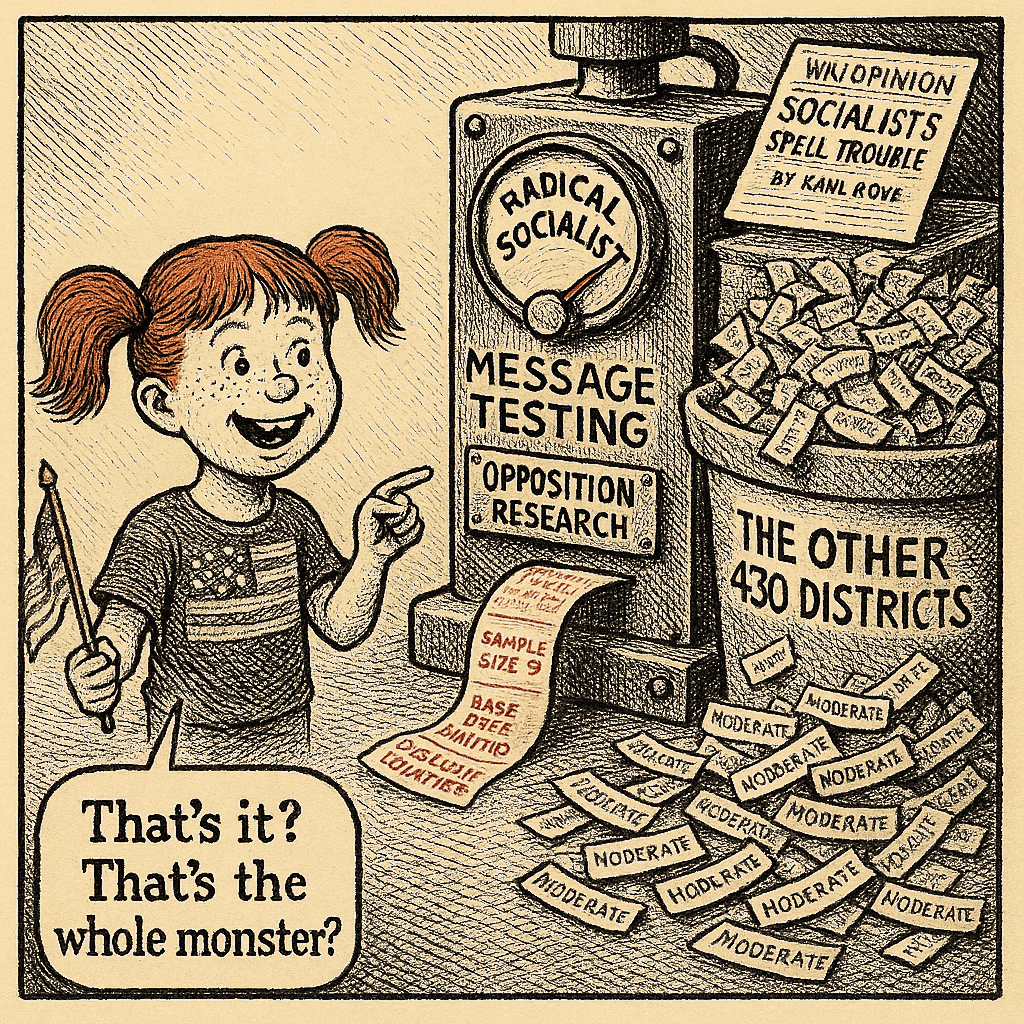 Political meme cartoon by Mimi Wright-Fubar: Sample Size of Five