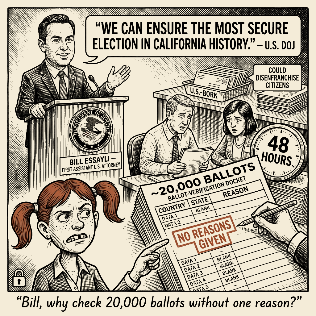 Political meme cartoon by Mimi Wright-Fubar: Secure Election, Empty Receipt