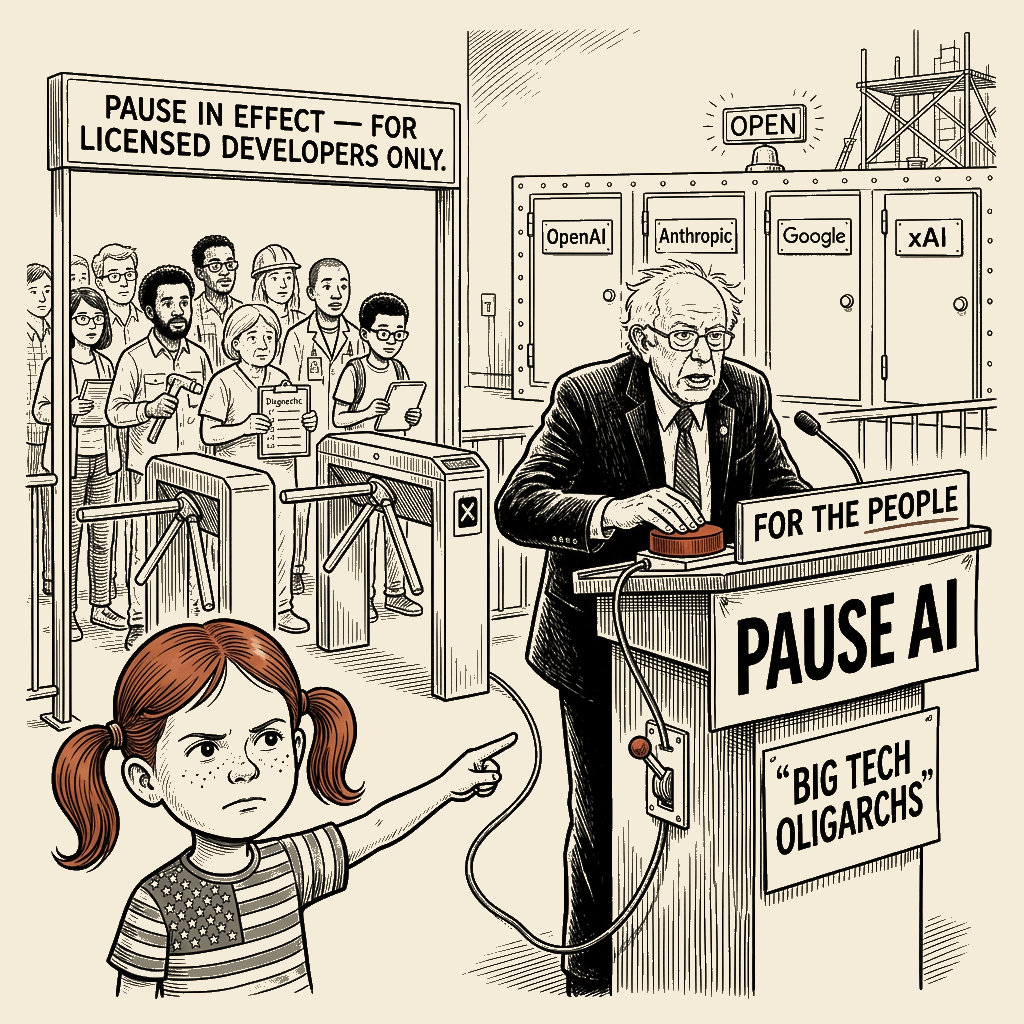 Political meme cartoon by Mimi Wright-Fubar: Sen. Sanders Hits 'Pause.' The Oligarchs Get the Cartel.