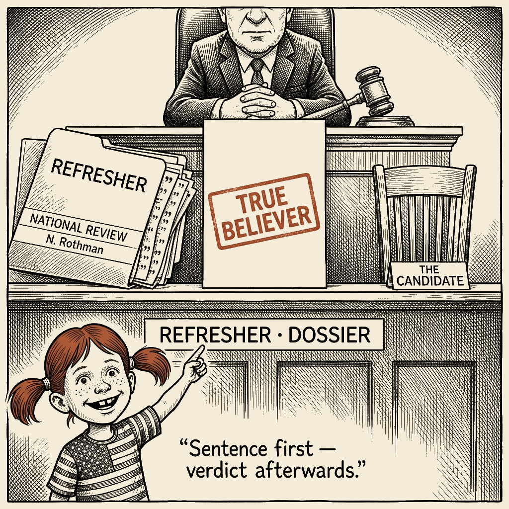 Political meme cartoon by Mimi Wright-Fubar: Sentence First, Verdict Afterwards