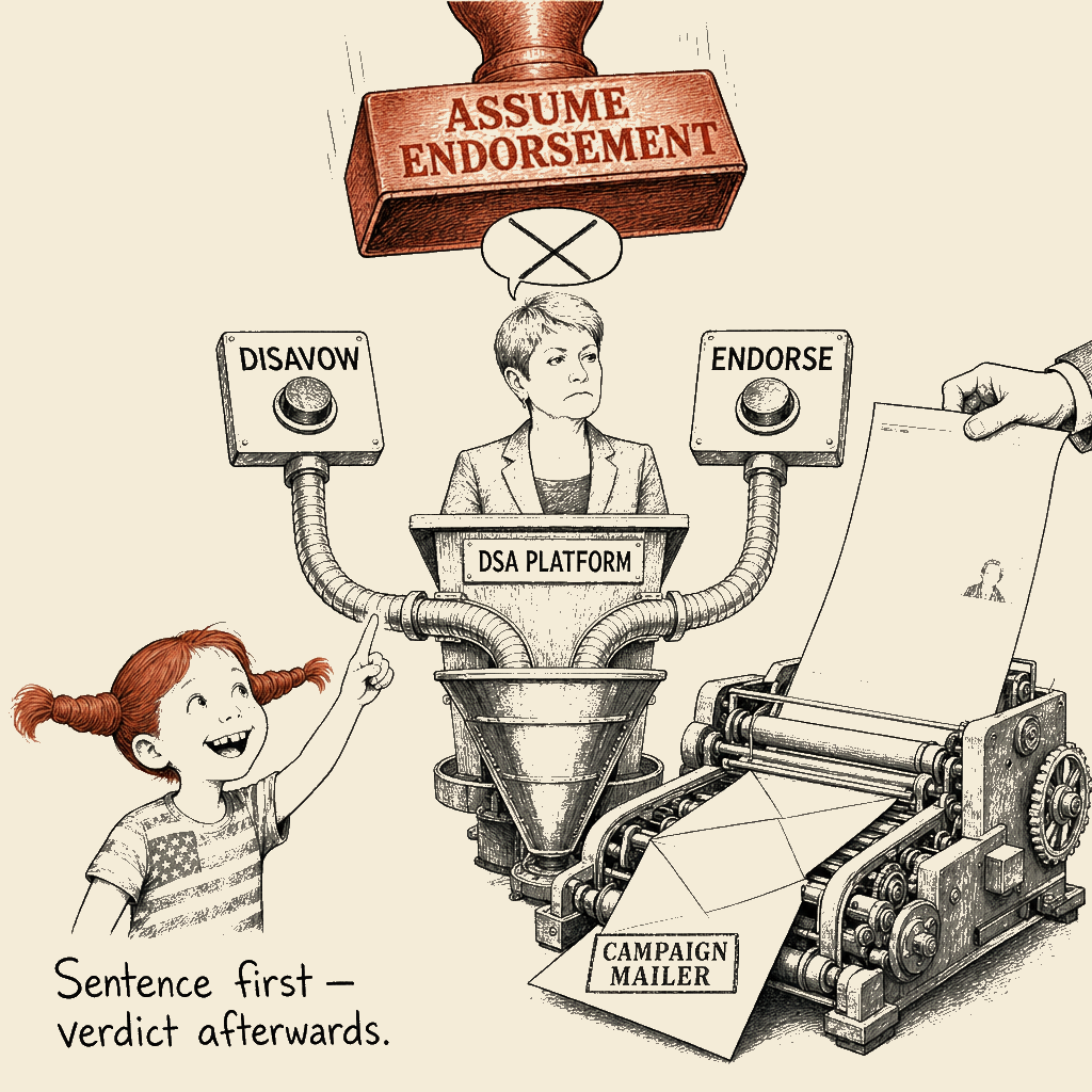 Political meme cartoon by Mimi Wright-Fubar: Sentence First