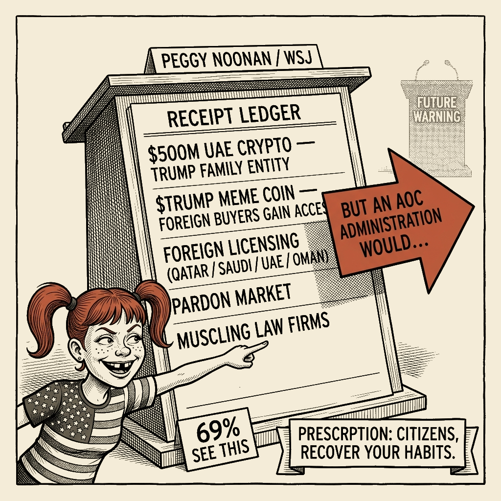 Political meme cartoon by Mimi Wright-Fubar: Soft Indictment: The Receipts Are Right Here