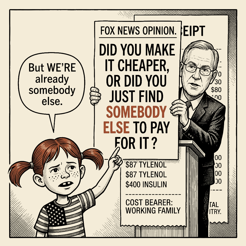 Political meme cartoon by Mimi Wright-Fubar: Somebody Else Is Already Paying