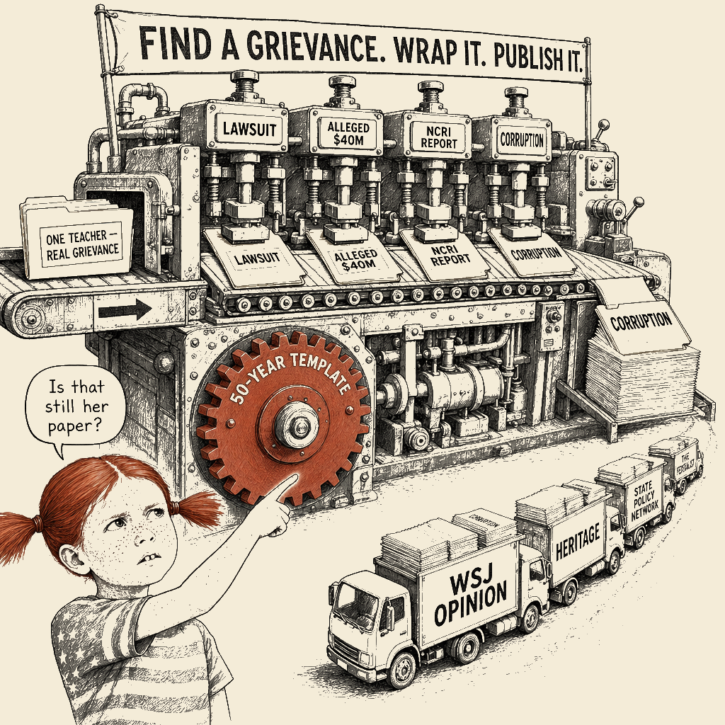 Political meme cartoon by Mimi Wright-Fubar: The 50-Year Conveyor