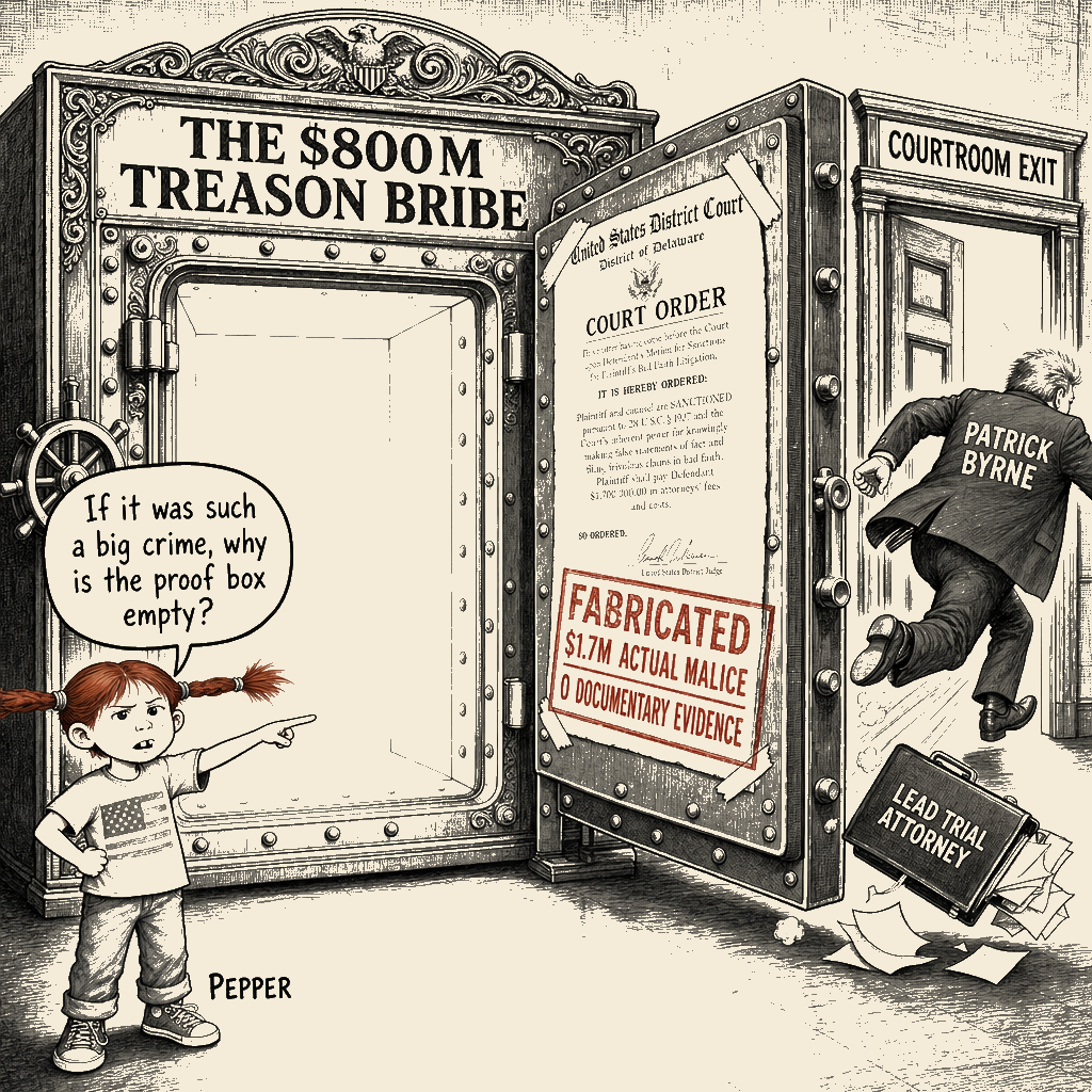 Political meme cartoon by Mimi Wright-Fubar: The $800 Million Treason That Wasn't There