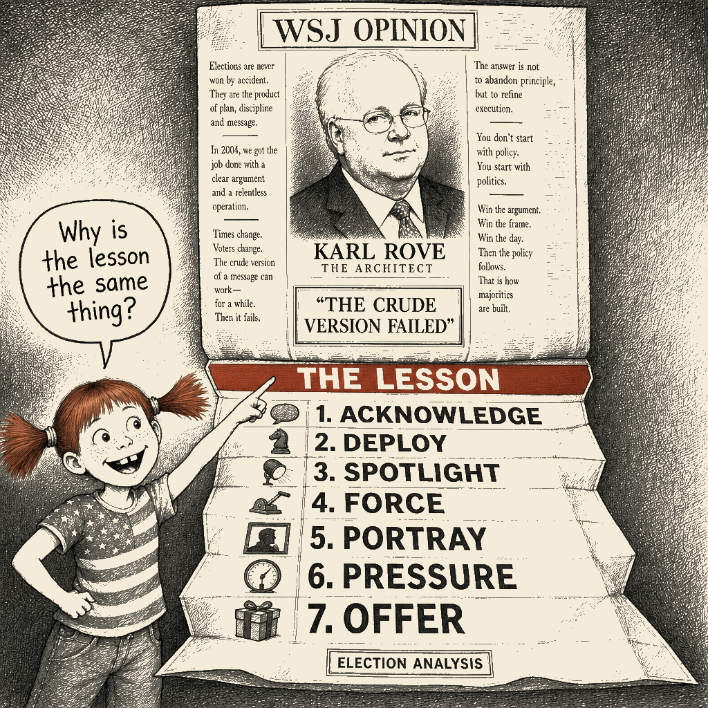 Political meme cartoon by Mimi Wright-Fubar: The Architect's Lesson