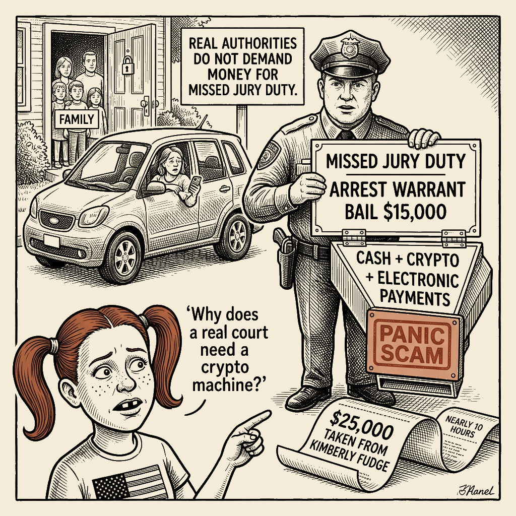 Political meme cartoon by Mimi Wright-Fubar: The Arrest Warrant Was a Payment Portal
