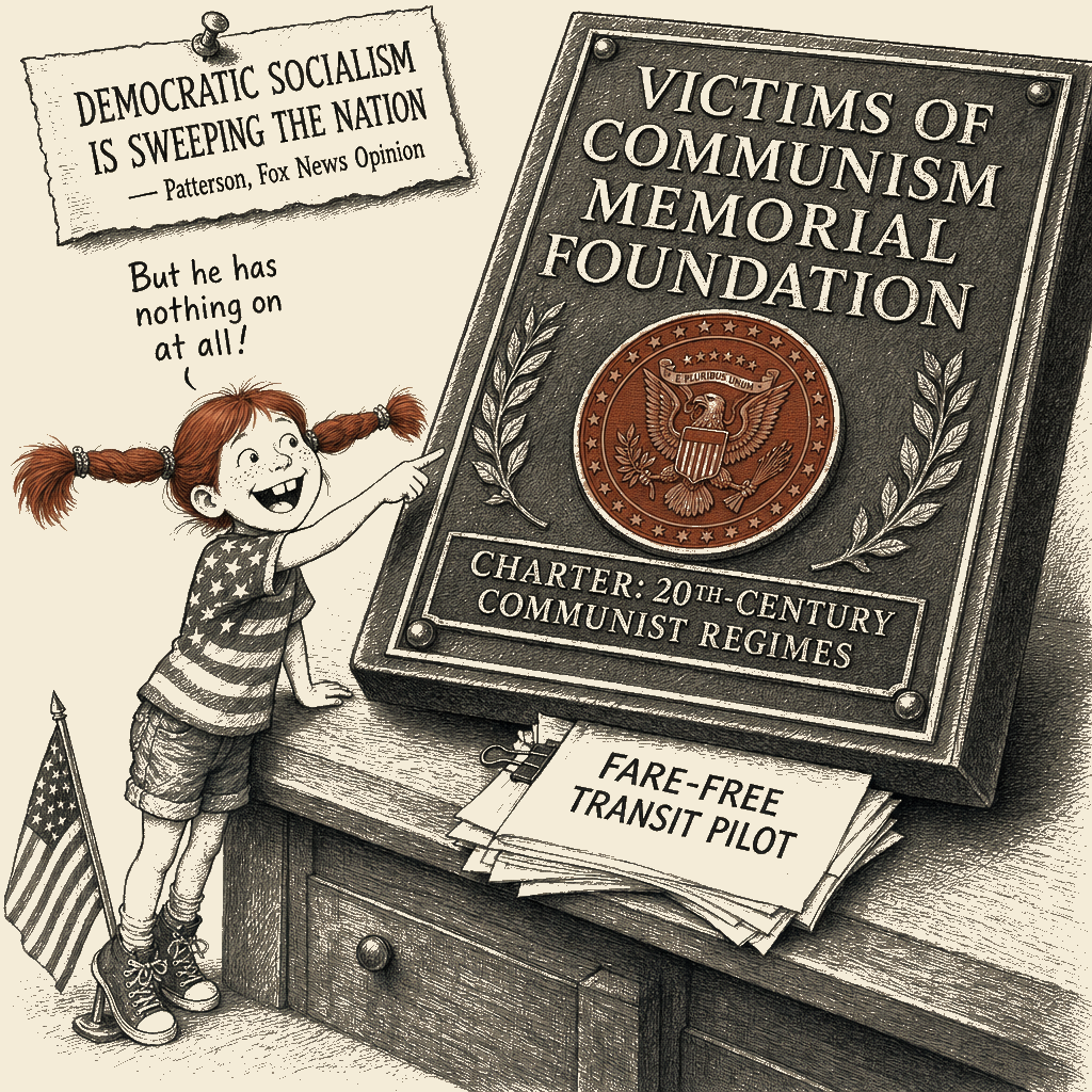 Political meme cartoon by Mimi Wright-Fubar: THE BIG MEMORIAL ON THE SMALL BUS FARE