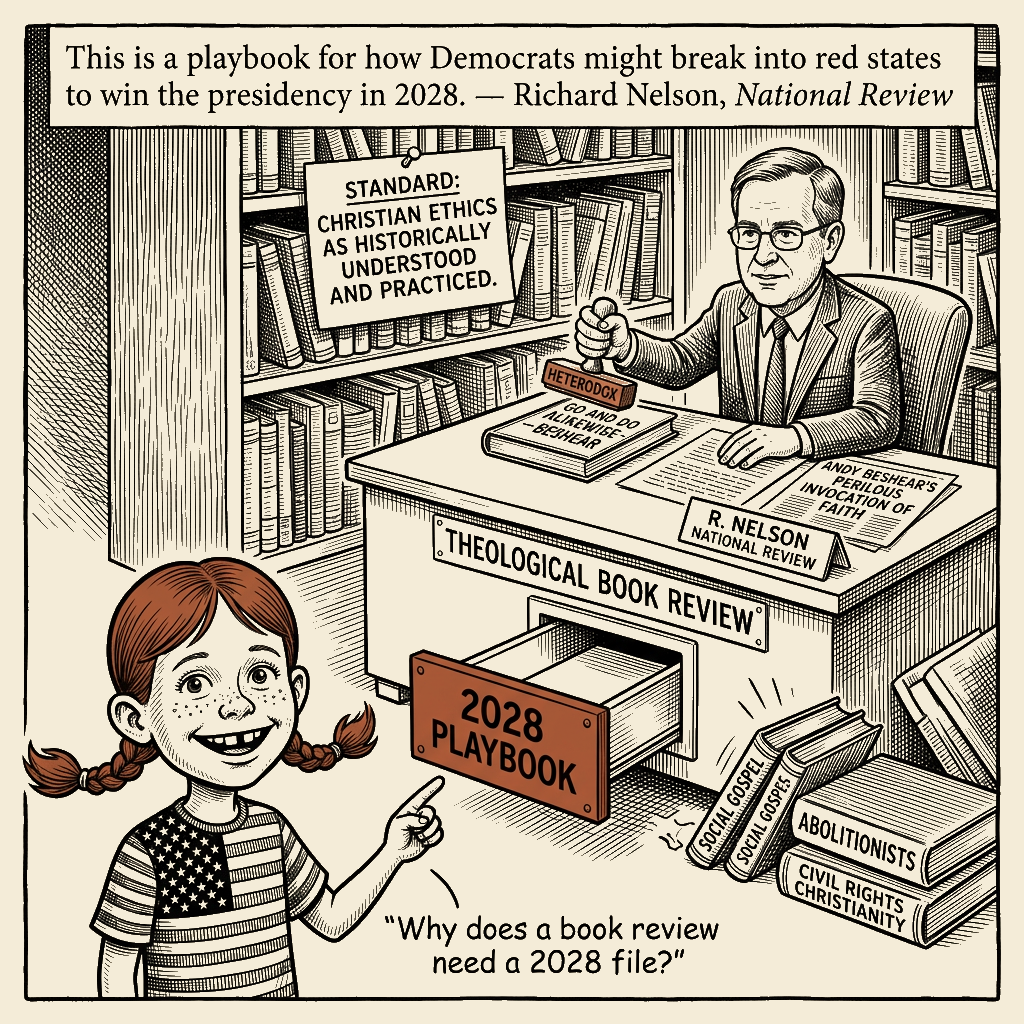 Political meme cartoon by Mimi Wright-Fubar: The Book Review That Came With a 2028 File