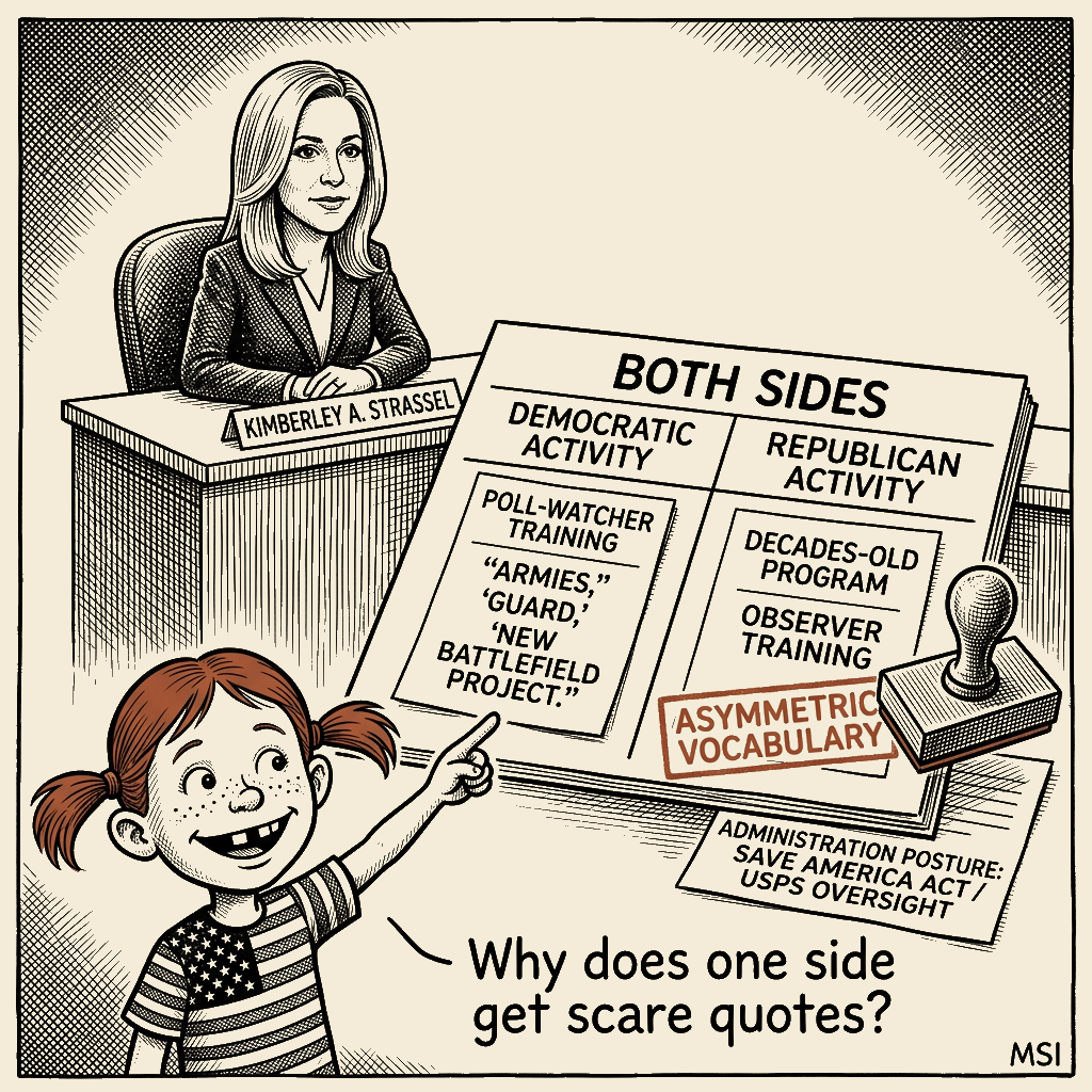 Political meme cartoon by Mimi Wright-Fubar: The 'Both Sides' Brief Has One Side
