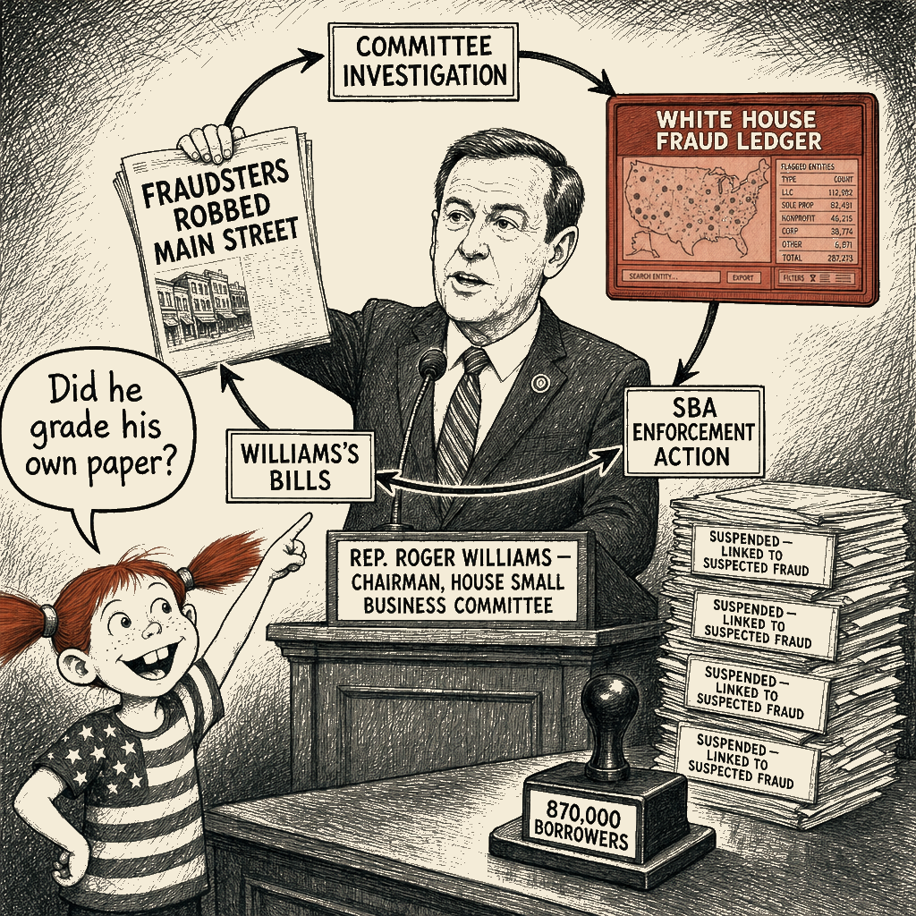 Political meme cartoon by Mimi Wright-Fubar: The Chairman's Evidence