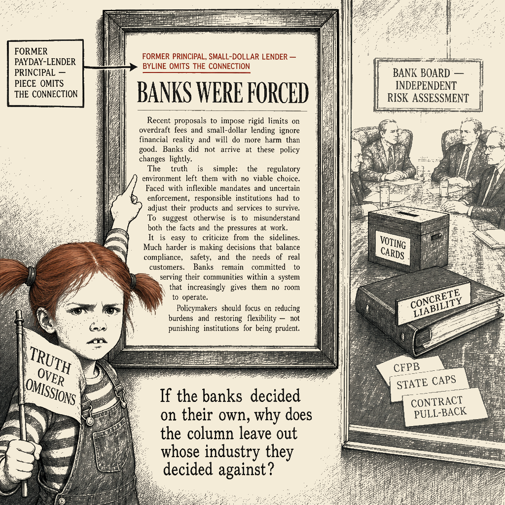 Political meme cartoon by Mimi Wright-Fubar: The cover story retired. The receipts stay.