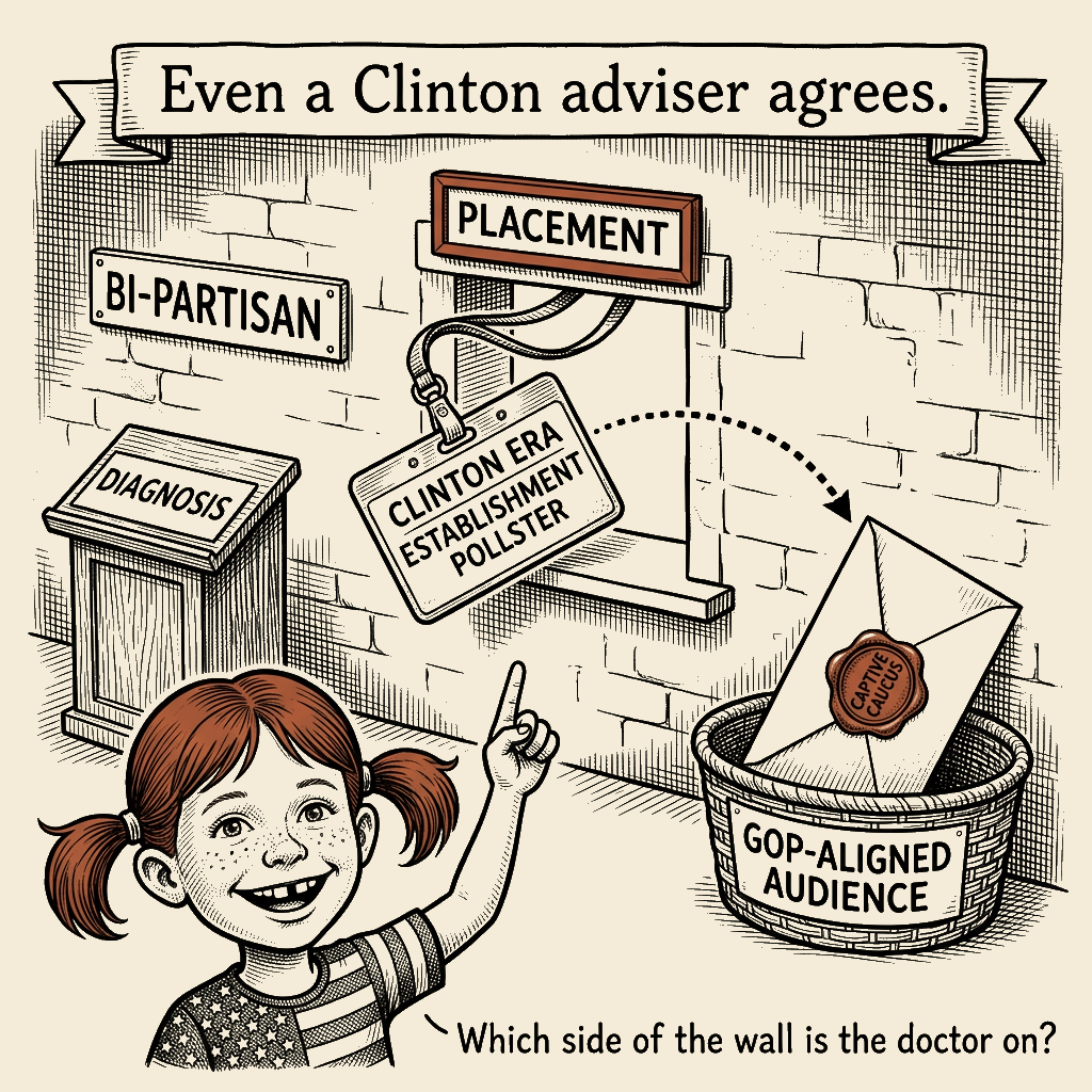 Political meme cartoon by Mimi Wright-Fubar: The Credential Conveyor