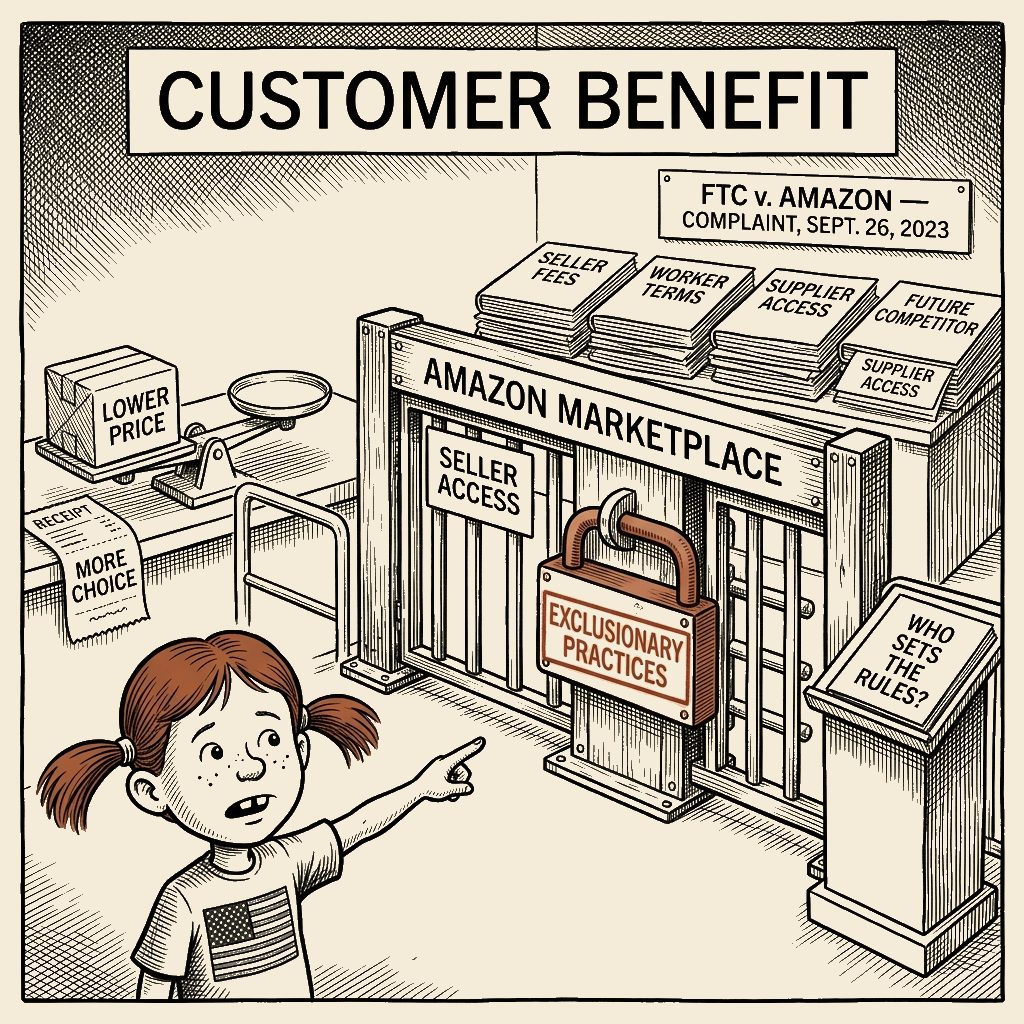 Political meme cartoon by Mimi Wright-Fubar: The Customer Wins. The Gatekeeper Keeps the Gate.