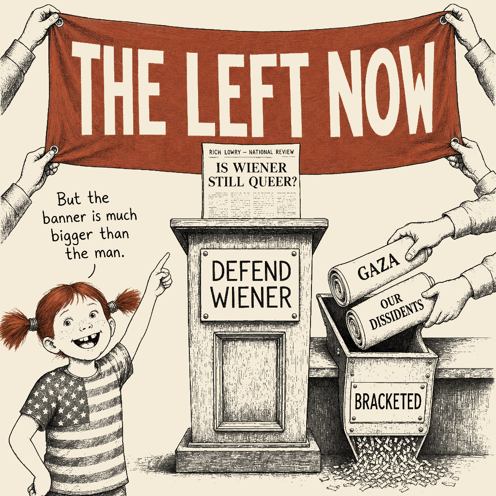 Political meme cartoon by Mimi Wright-Fubar: The Defense Is the Box. The Banner Is What's Inside.