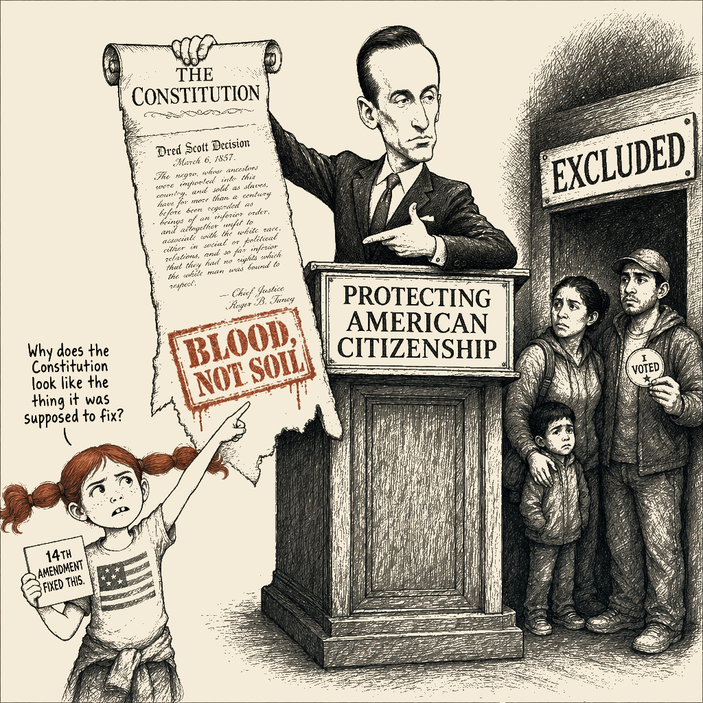Political meme cartoon by Mimi Wright-Fubar: The Document He's Defending