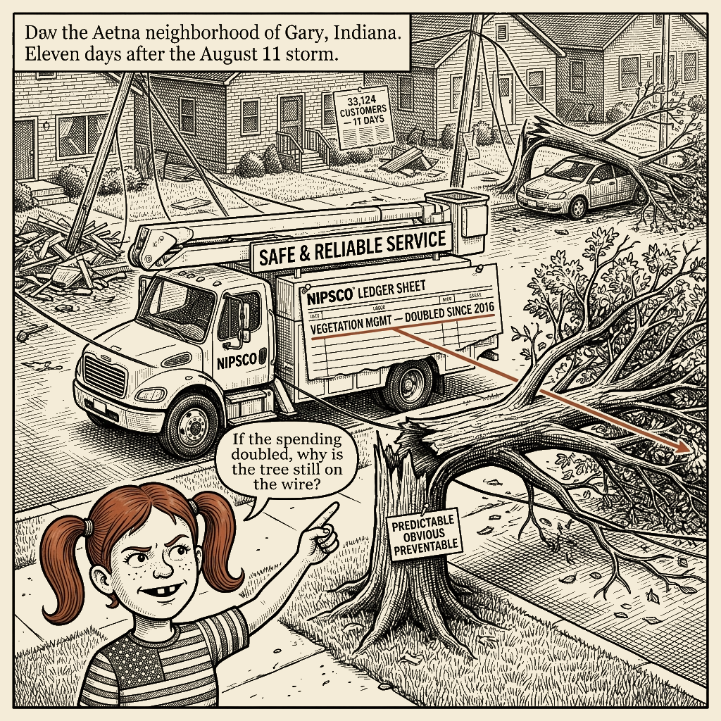 Political meme cartoon by Mimi Wright-Fubar: The doubled spending and the tree on the wire