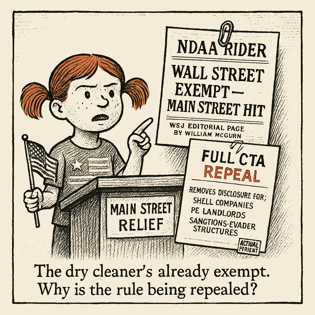 Political meme cartoon by Mimi Wright-Fubar: The Dry Cleaner's Already Exempt