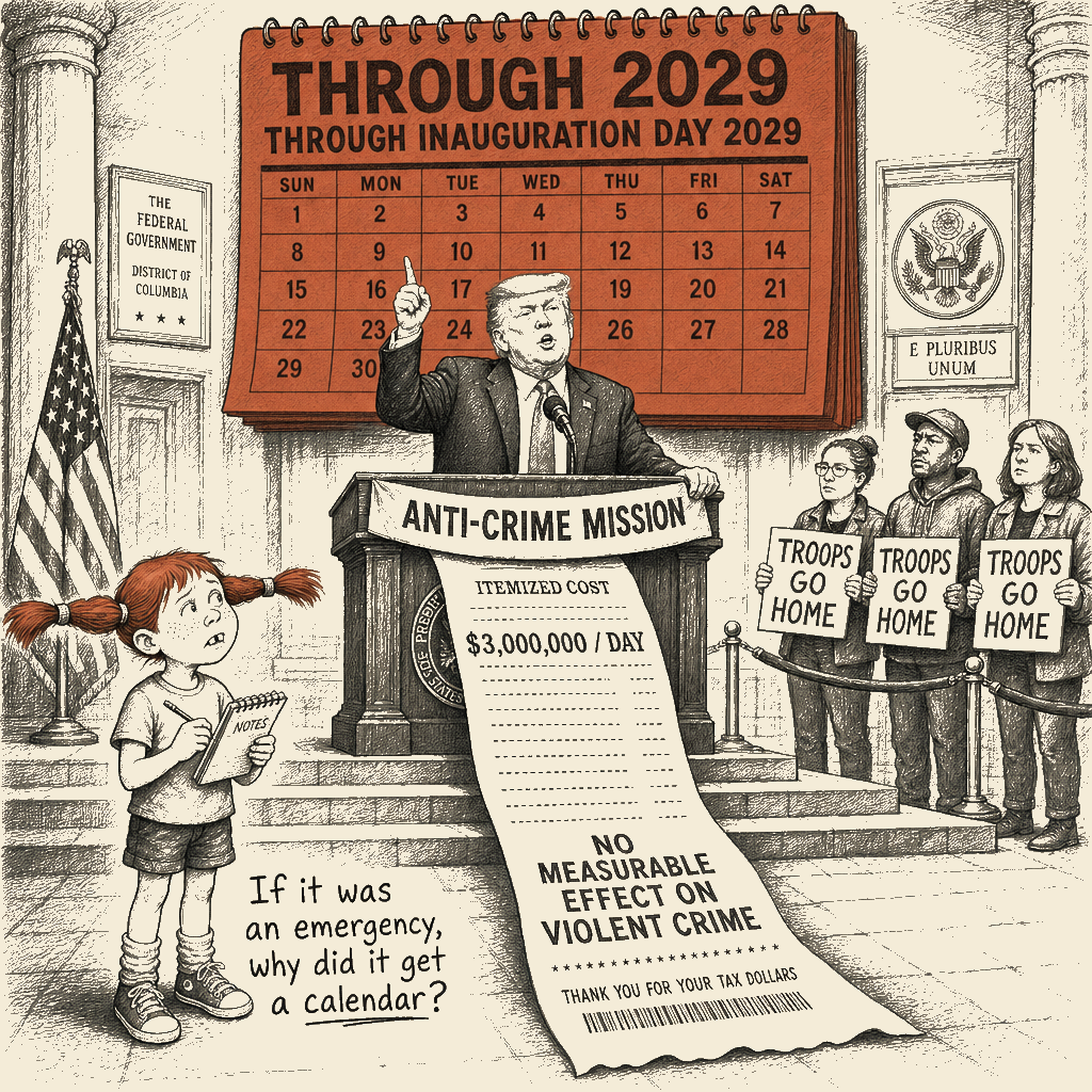 Political meme cartoon by Mimi Wright-Fubar: The Emergency That Lasted Three Years