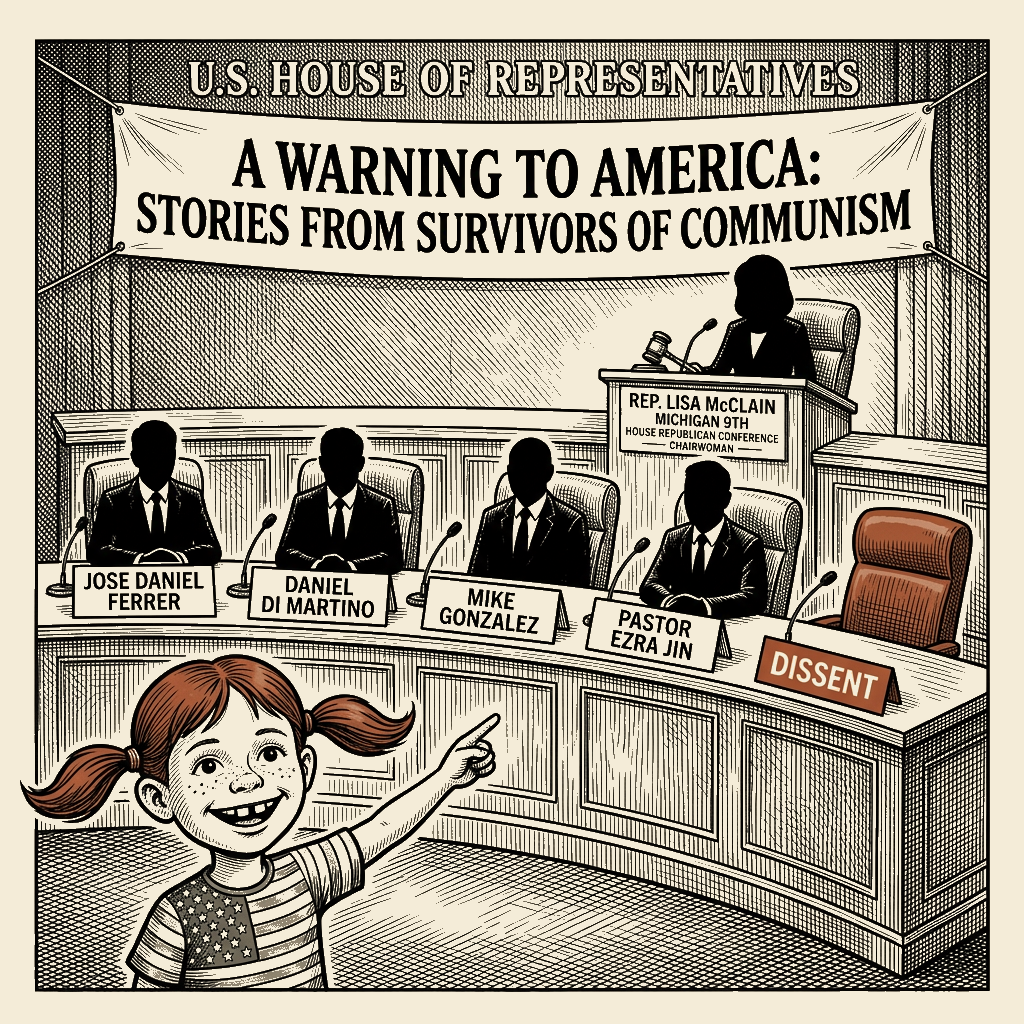 Political meme cartoon by Mimi Wright-Fubar: The Empty Chair at the Survivors' Table