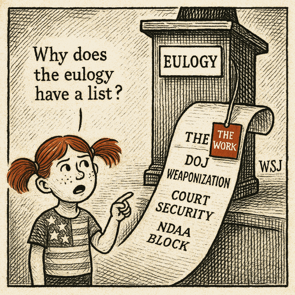 Political meme cartoon by Mimi Wright-Fubar: The Eulogy as Partisan Cover