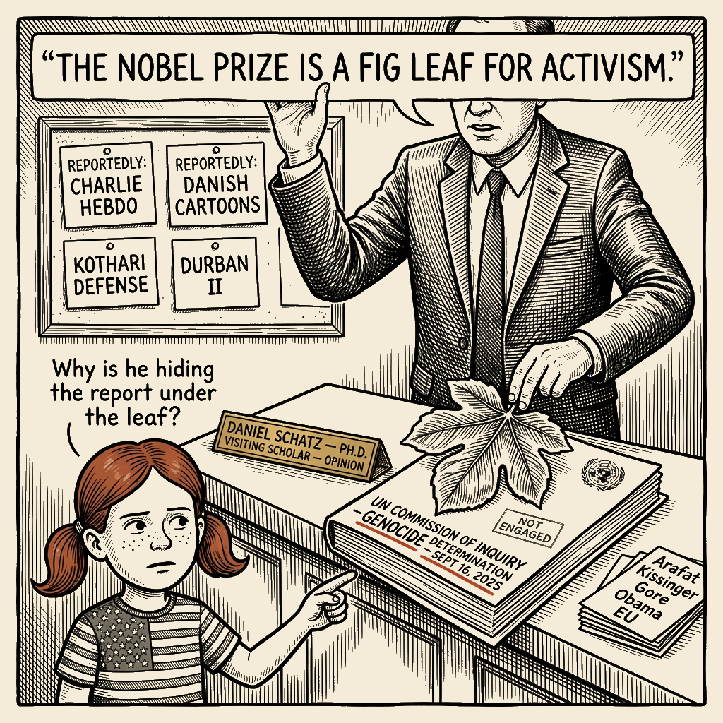 Political meme cartoon by Mimi Wright-Fubar: The Fig Leaf Covers the Report