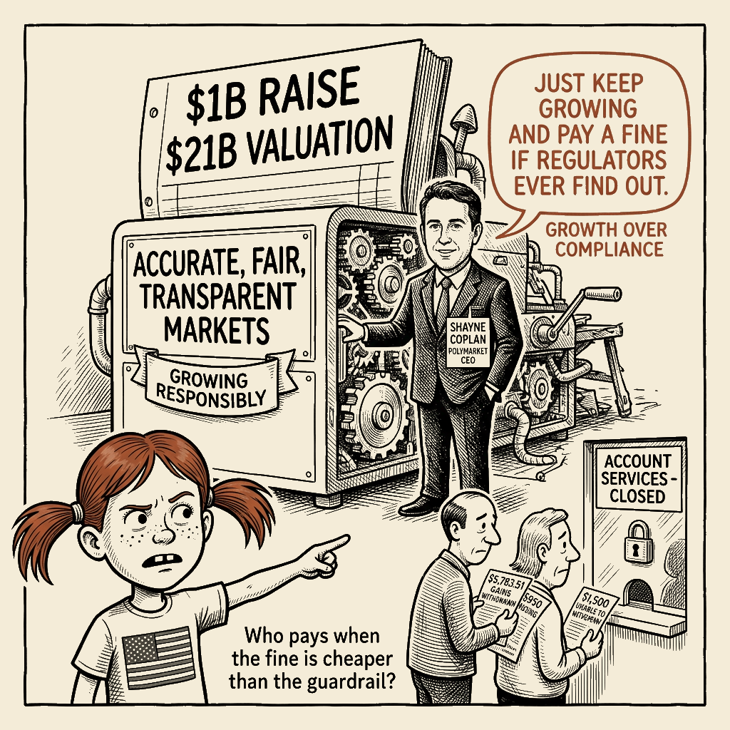 Political meme cartoon by Mimi Wright-Fubar: The Fine Was Cheaper Than the Guardrail