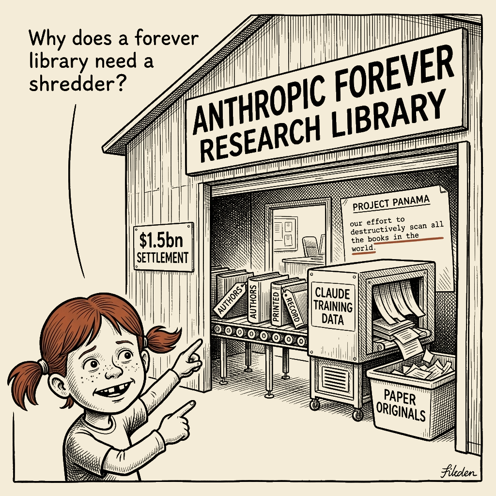 Political meme cartoon by Mimi Wright-Fubar: The Forever Library Has a Shredder