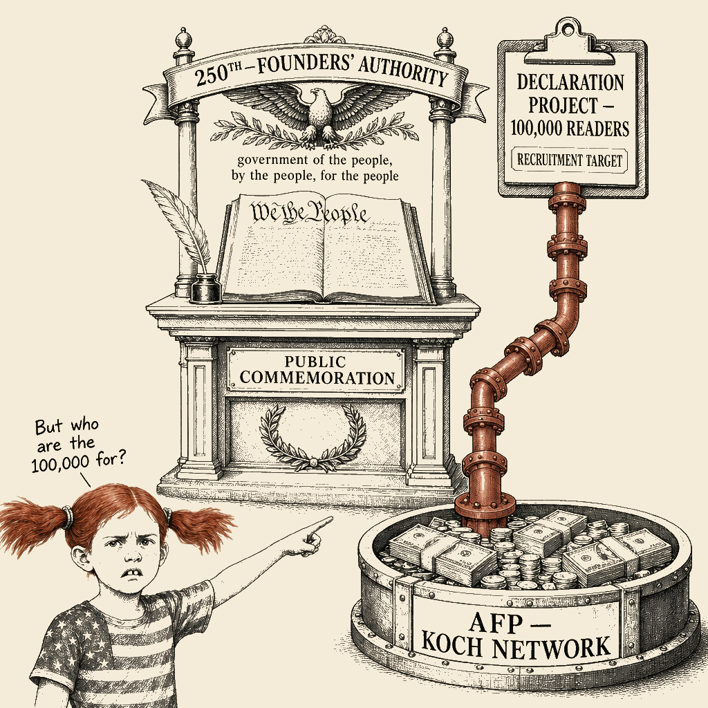 Political meme cartoon by Mimi Wright-Fubar: The Founders' Authority Has a Donor Pipeline