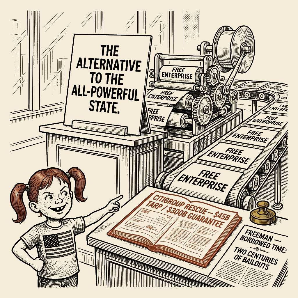 Political meme cartoon by Mimi Wright-Fubar: The 'Free Enterprise' Alternative, as Documented by Its Own Author
