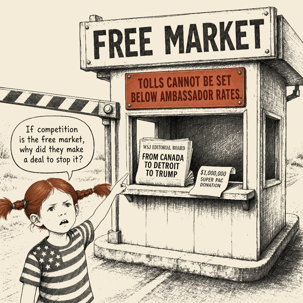Political meme cartoon by Mimi Wright-Fubar: The Free-Market Toll Booth