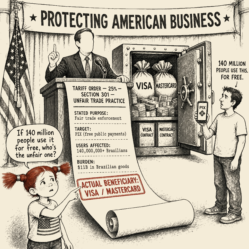 Political meme cartoon by Mimi Wright-Fubar: The Free Thing Became the Unfair Thing