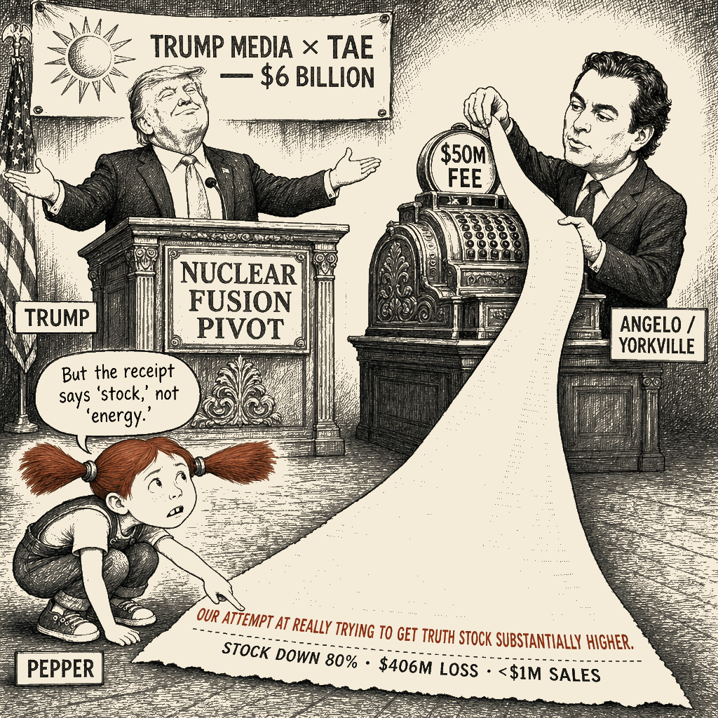 Political meme cartoon by Mimi Wright-Fubar: The Fusion Was on the Podium. The Stock Rescue Was on the Receipt.