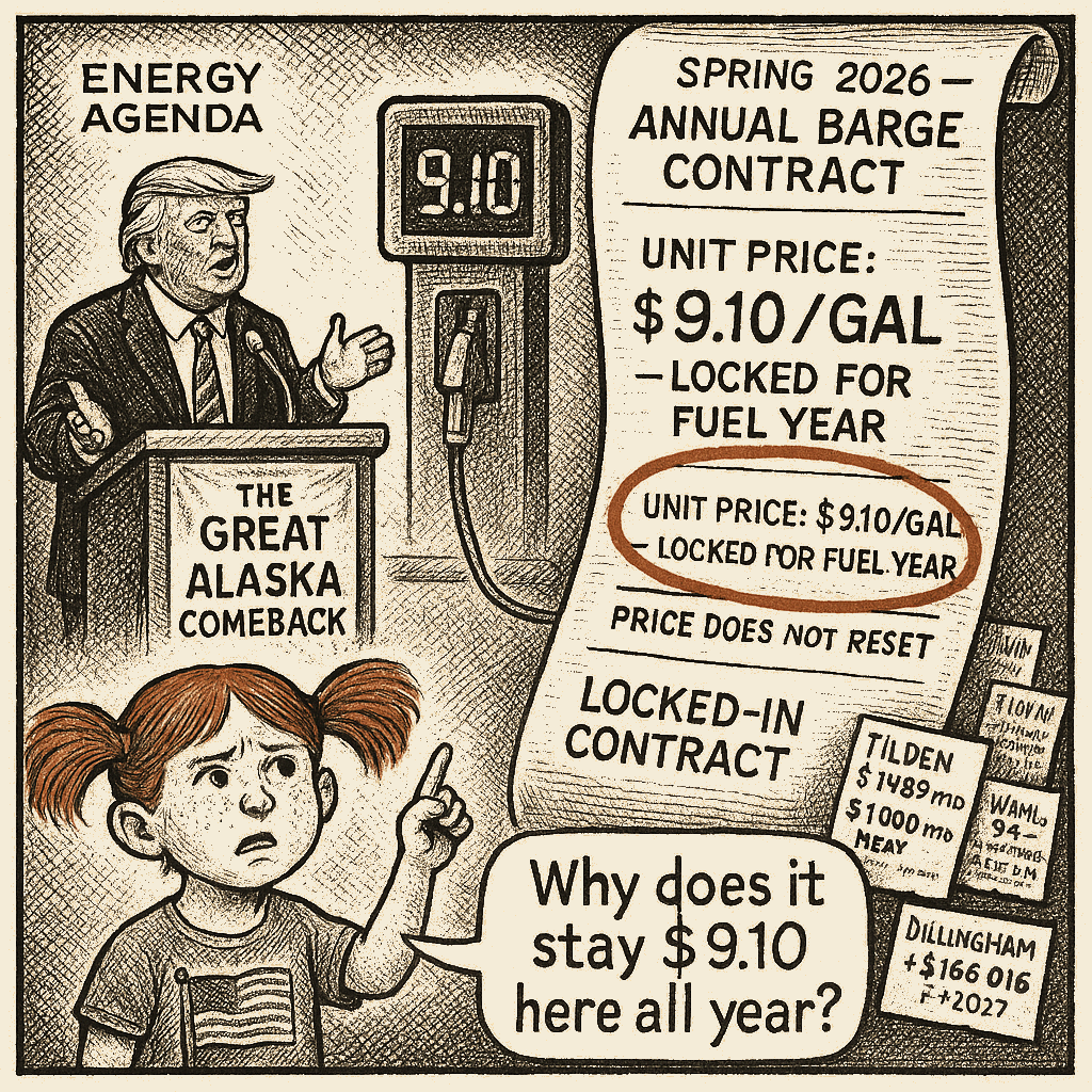 Political meme cartoon by Mimi Wright-Fubar: The Great Alaska Comeback: $9 at the pump