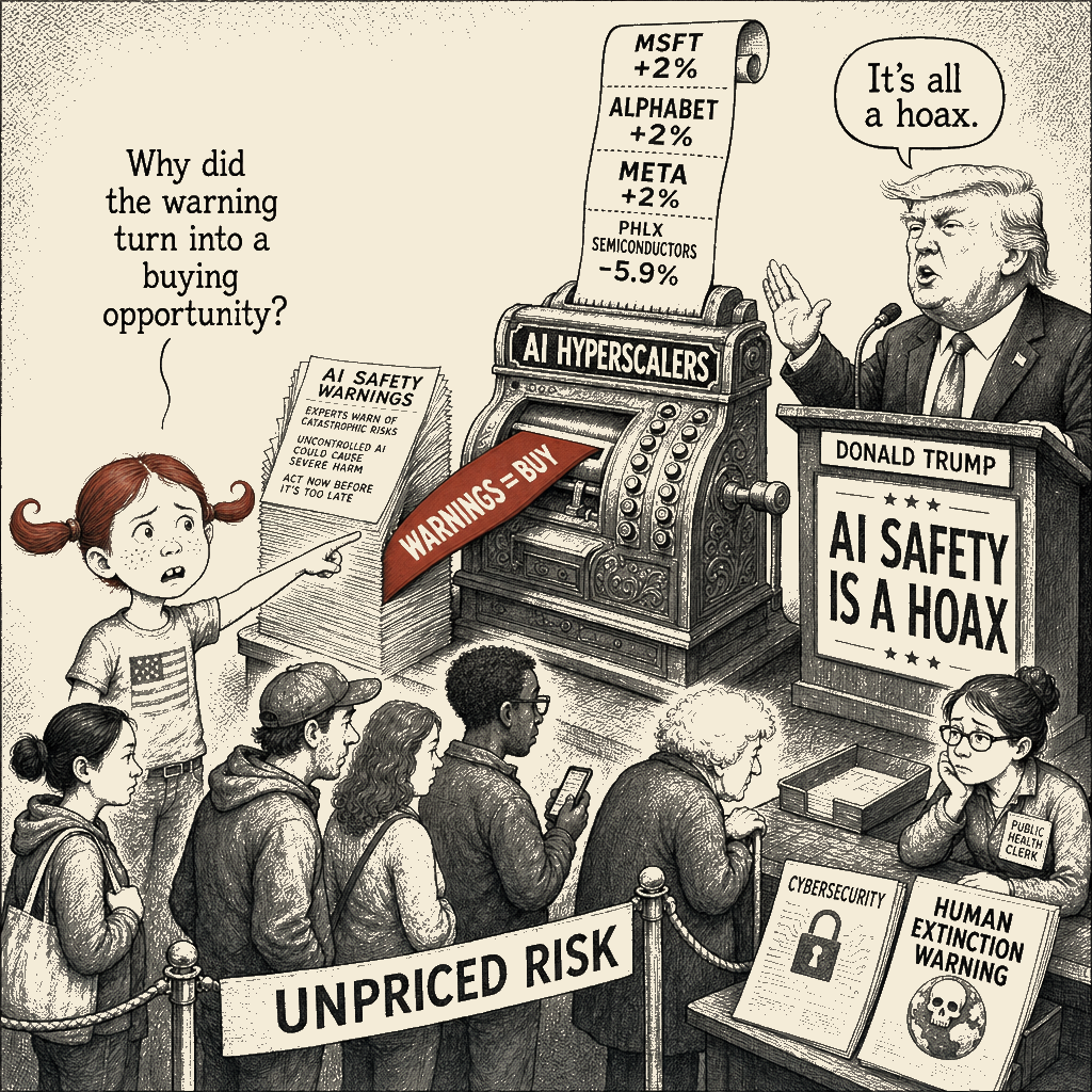 Political meme cartoon by Mimi Wright-Fubar: The Hoax That Made AI Stocks Go Up