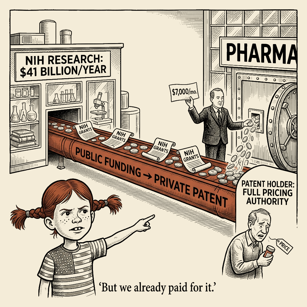 Political meme cartoon by Mimi Wright-Fubar: The Innovation Pipeline Only Goes One Direction