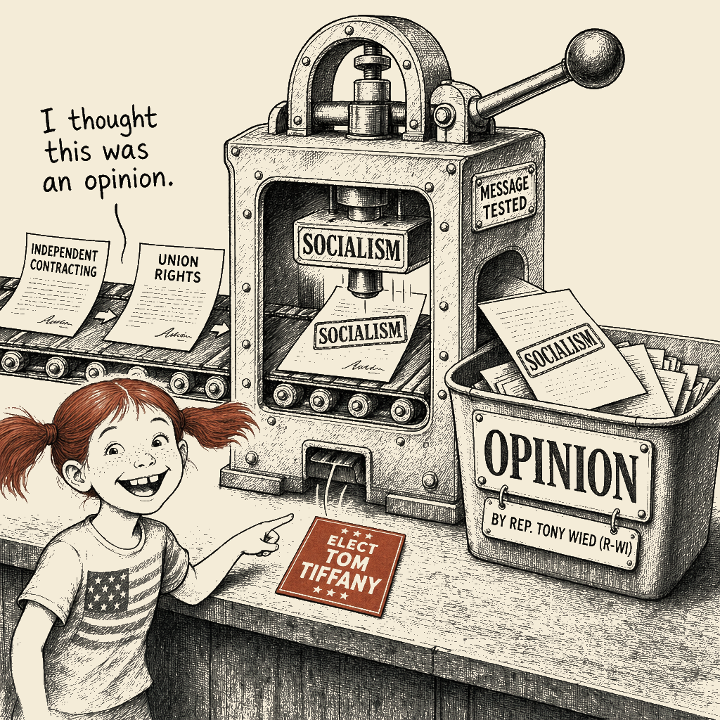 Political meme cartoon by Mimi Wright-Fubar: The Label Machine