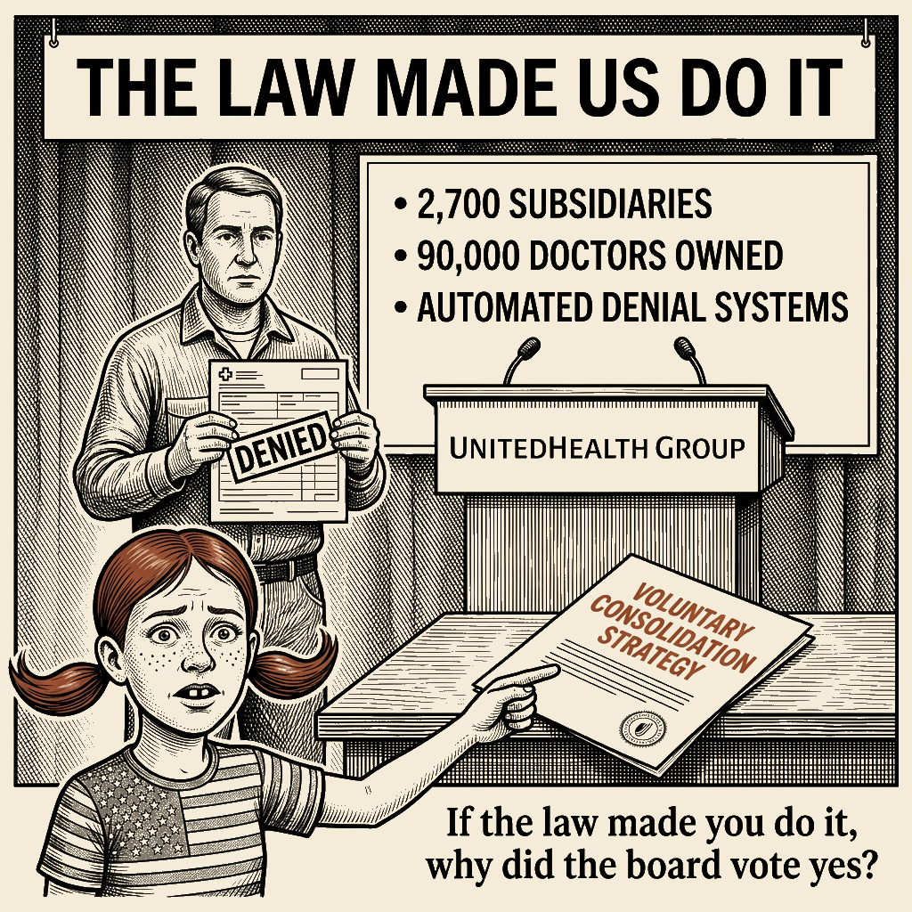 Political meme cartoon by Mimi Wright-Fubar: THE LAW MADE US DO IT
