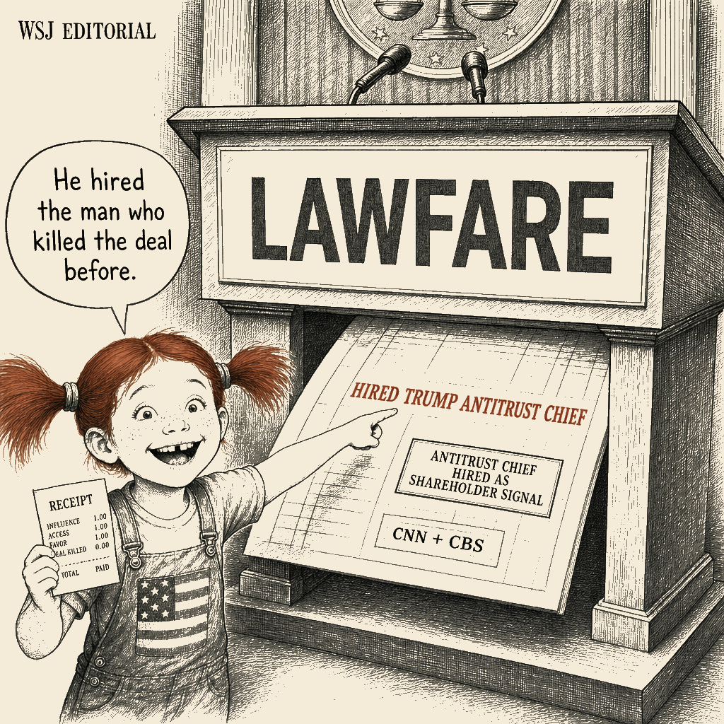 Political meme cartoon by Mimi Wright-Fubar: The Lawfare Was the Challenge. The Deal Was the Politics.