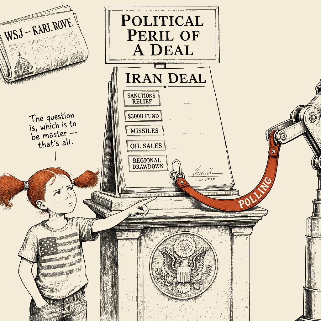 Political meme cartoon by Mimi Wright-Fubar: The Leash on the Deal