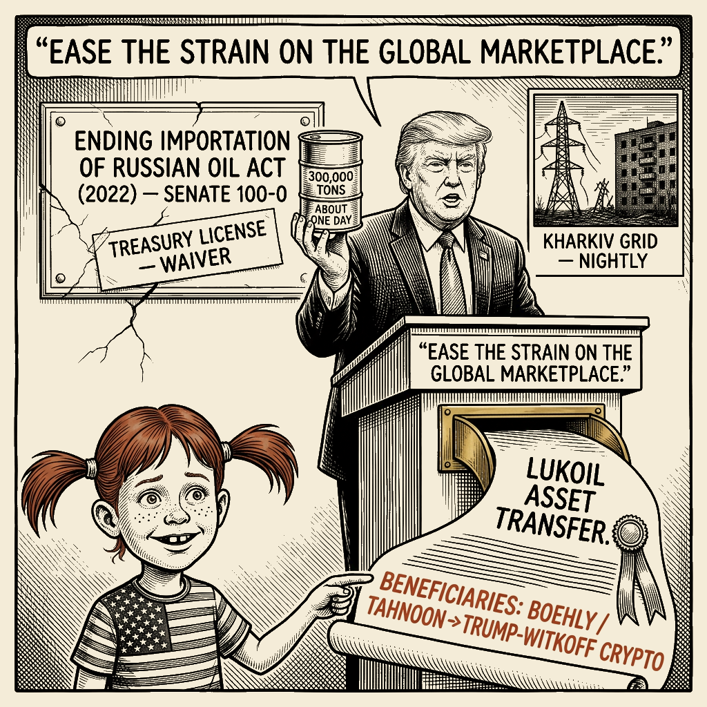 Political meme cartoon by Mimi Wright-Fubar: The Little Diesel and the Big Deed