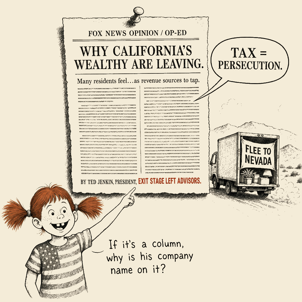 Political meme cartoon by Mimi Wright-Fubar: The Man Who Helps Them Leave