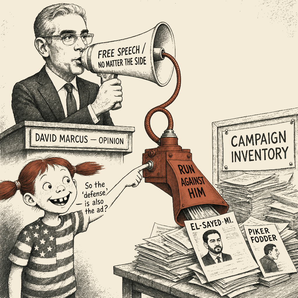 Political meme cartoon by Mimi Wright-Fubar: The Megaphone That Runs Against Him